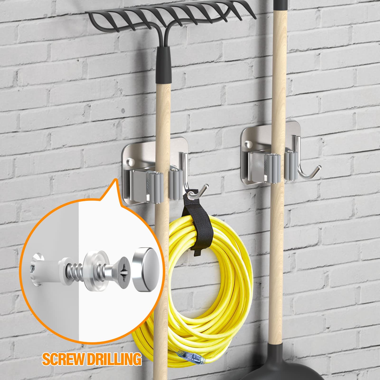 HASTHIP 2 Pcs Mop Broom Holder Wall Mount, Adhesive Heavy Duty SUS304 Stainless Steel Mop and Broom Holder with Hook, for Mops up to 2.8 cm in Diameter (8 * 6.5 * 4 cm) HASTHIP 2 Pcs Mop Broom Holder Wall Mount, Adhesive Heavy Duty SUS304 Stainless Steel Mop and Broom Holder with Hook, for Mops up to 2.8 cm in Diameter (8 * 6.5 * 4 cm)